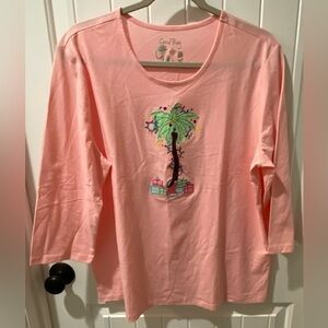 Coral Bay Light Pink 3/4 Sleeve Tee with Christmas Palm Tree Motif